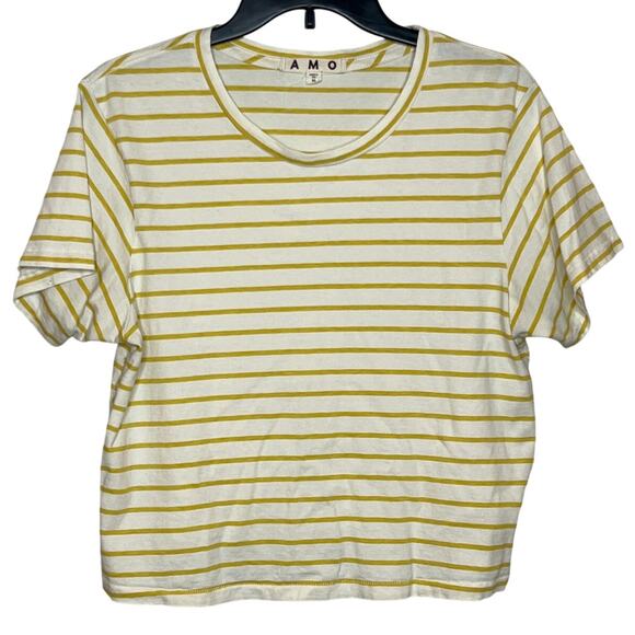 AMO Yellow White Stripe Short Sleeve T Shirt XL V Neck - Picture 1 of 4